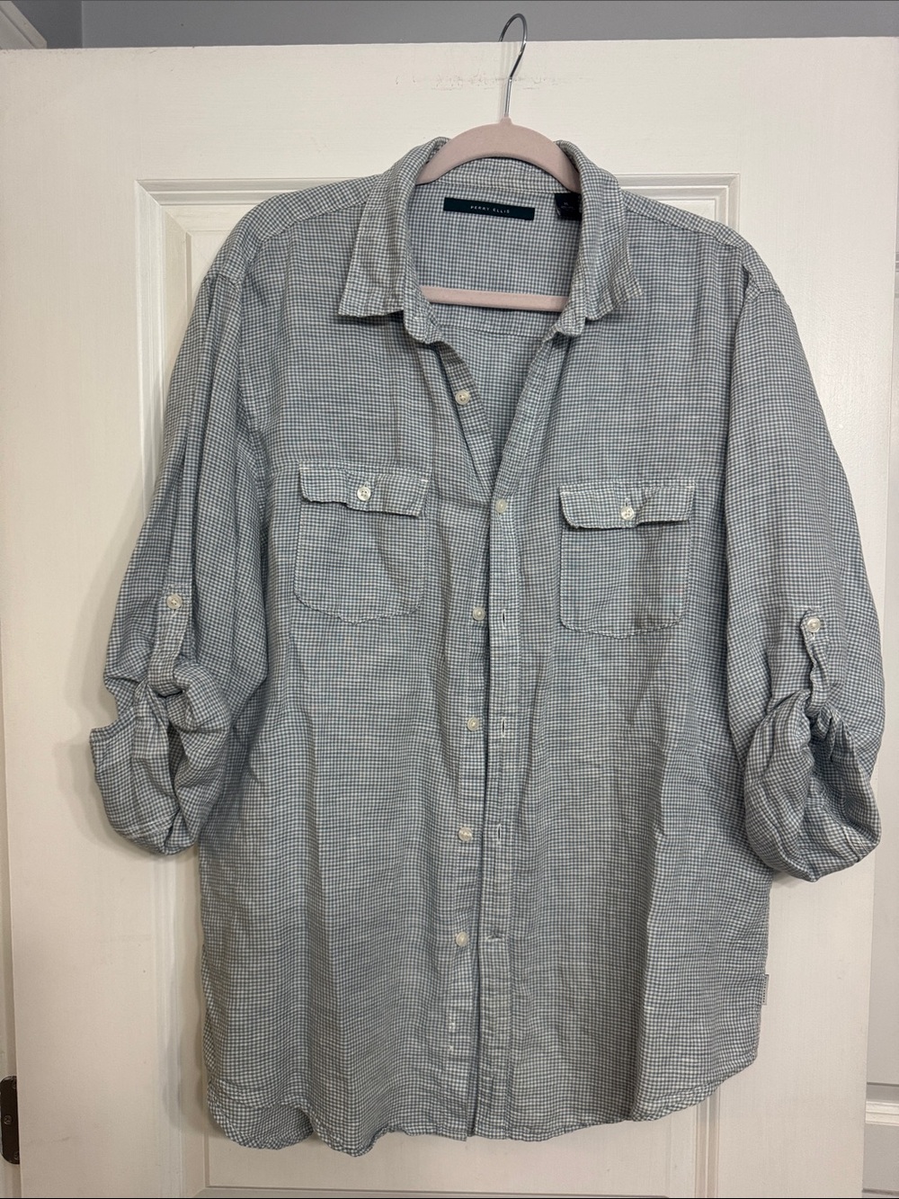 Perry Ellis Light Gray and Blue Micro-Check Button-Down Shirt